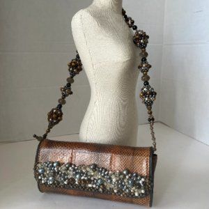 GOOD CONDITION Vintage Brown Snake Skin Jeweled Shoulder Bag